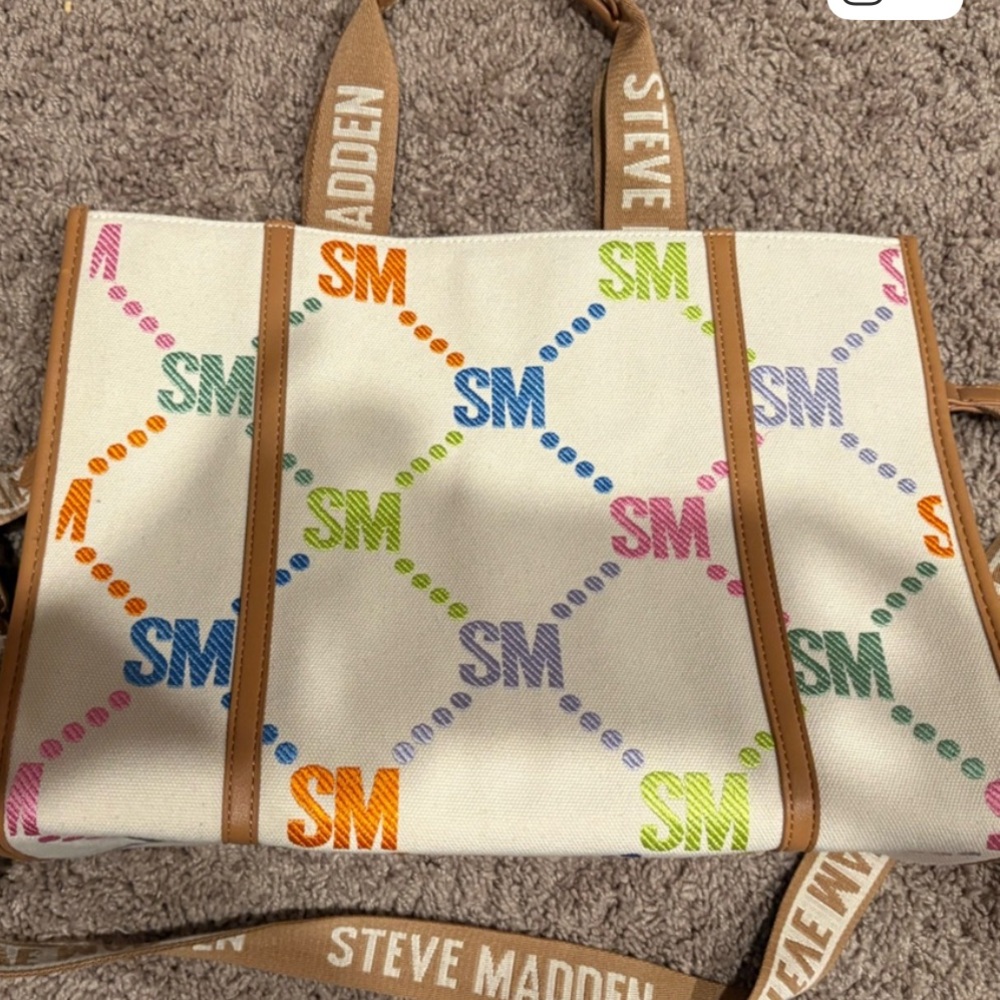 Steve Madden Cream Canvas Tote with Colorful Lettering